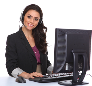 Woman with phone headset on computer