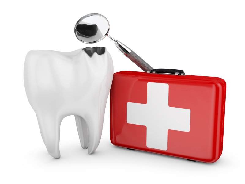 Graphic of tooth next to first aid kit
