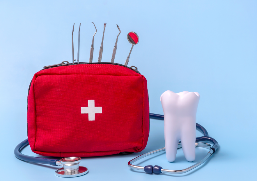 Dental emergency bag, giant tooth, and stethoscope
